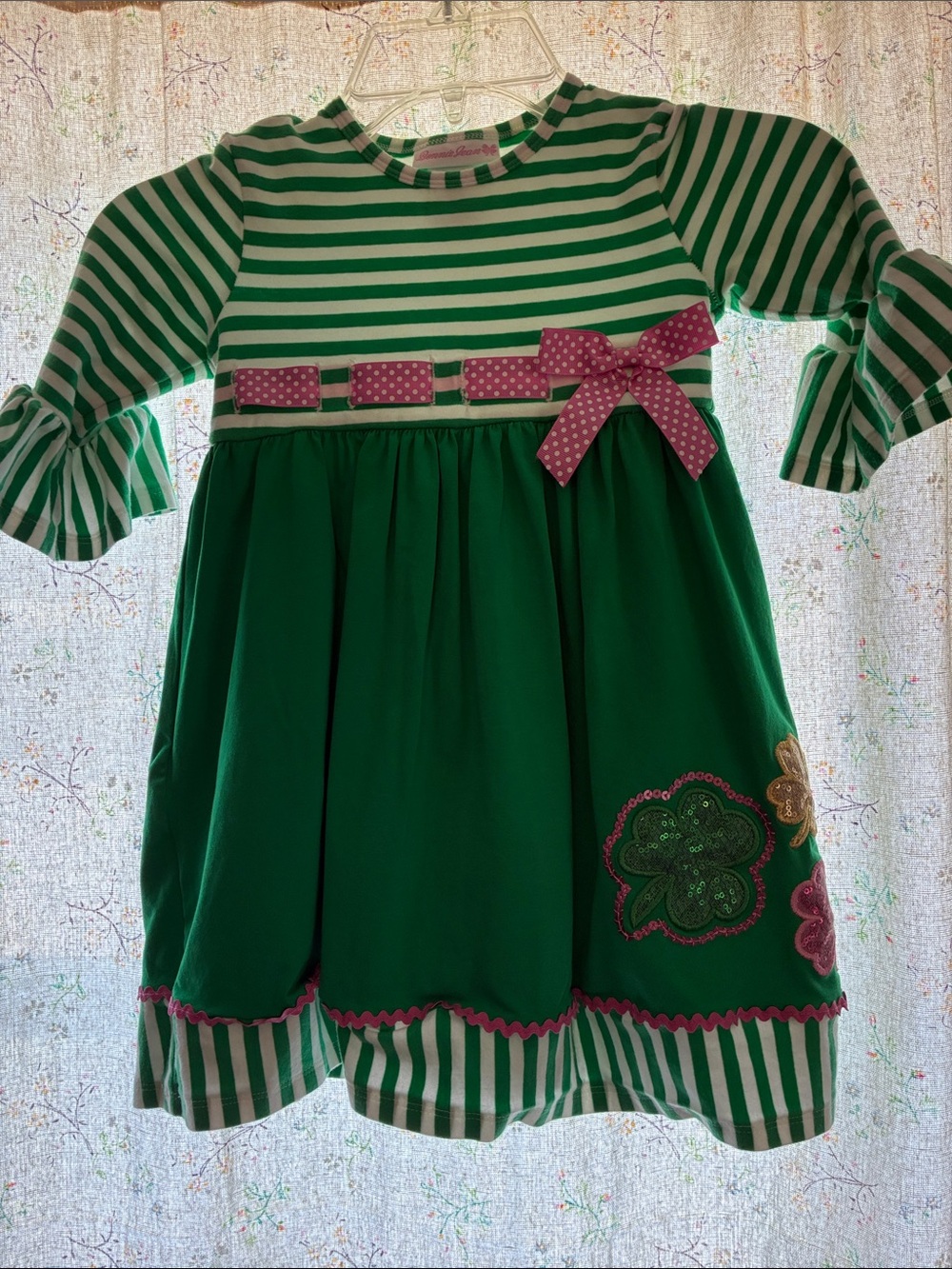 Bonnie Jean (Dillard’s) Green Striped & Girls Dress Polka Dot Bow Sz 5